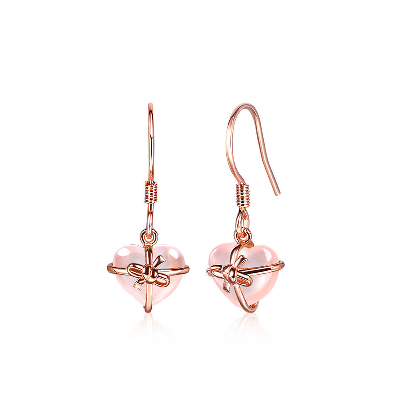 Heart Shape Pink Crystal Bowknot Silver Hook Earrings