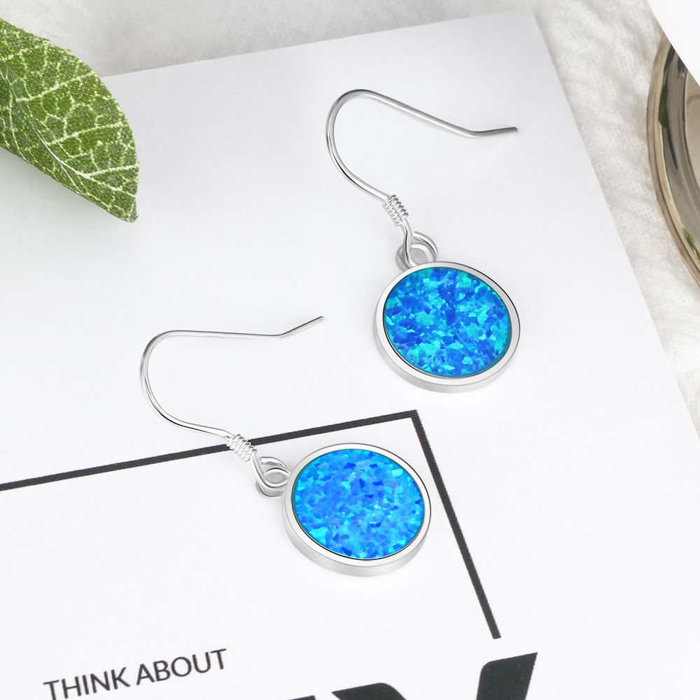 Blue Round Opal Pendant Sterling Silver Hook Earrings