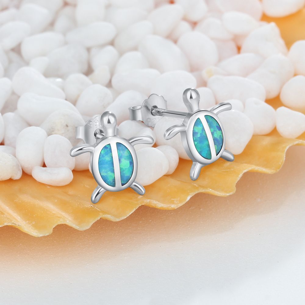 Blue Opal Little Turtle Sterling Silver Stud Earrings