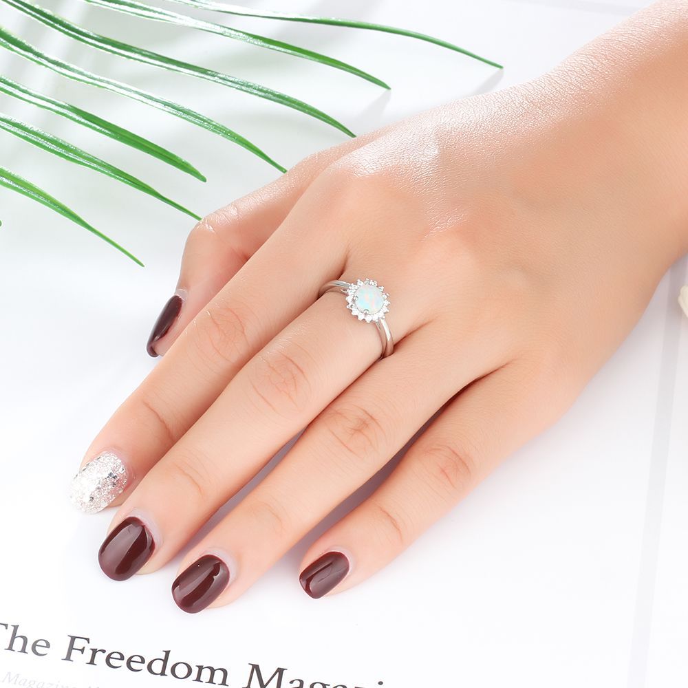 Round Opal Zircon Flower Halo Sterling Silver Ring