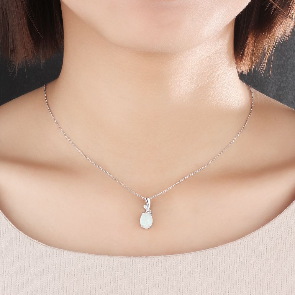 Zircon Meteor Design Oval Opal Sterling Silver Necklace