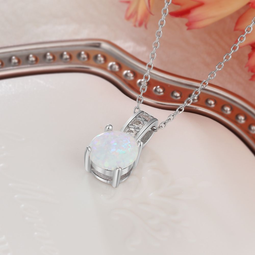 Round Opal Zircon Circle Ring Sterling Silver Necklace