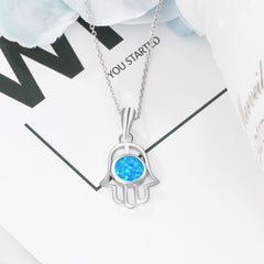 Round Blue Opal Hollow Out Palm Sterling Silver Necklace