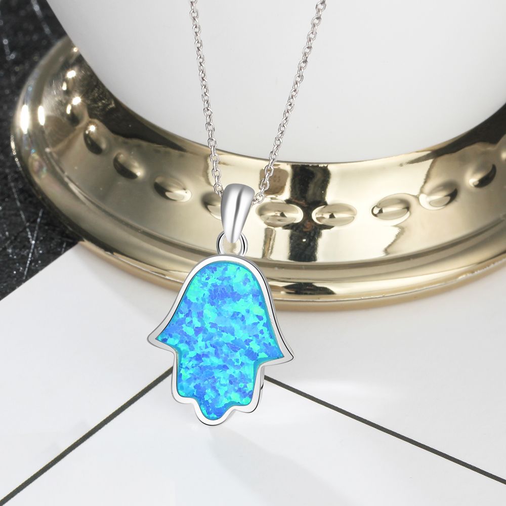 Blue Opal Palm Shape Pendant Sterling Silver Necklace