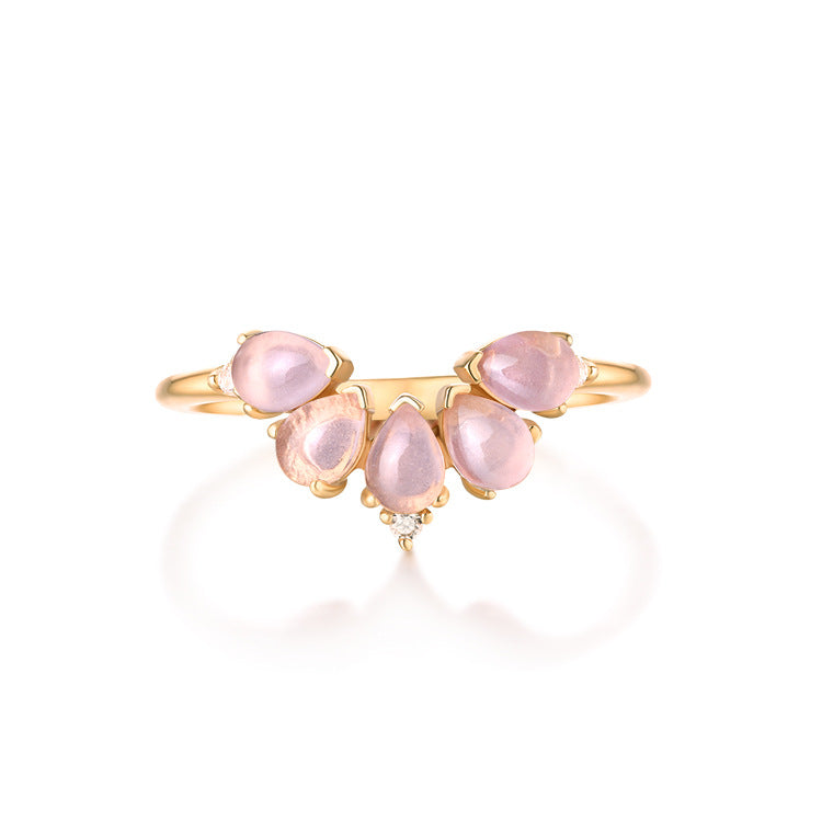 Pear Shape Pink Crystal Petals Design Opening Silver Ring