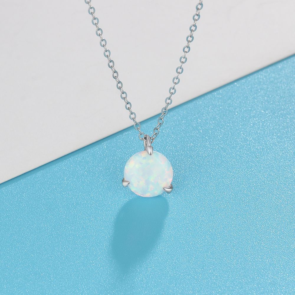 Solitaire Round Opal Sterling Silver Necklace