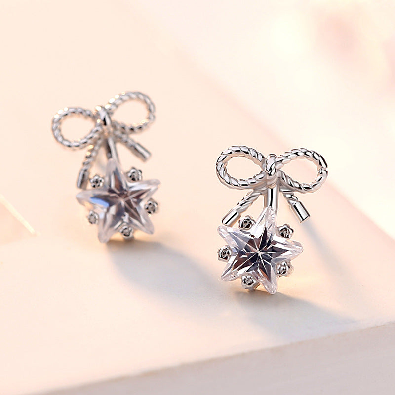 Bow with Zircon Star Silver Studs Earrings for Women