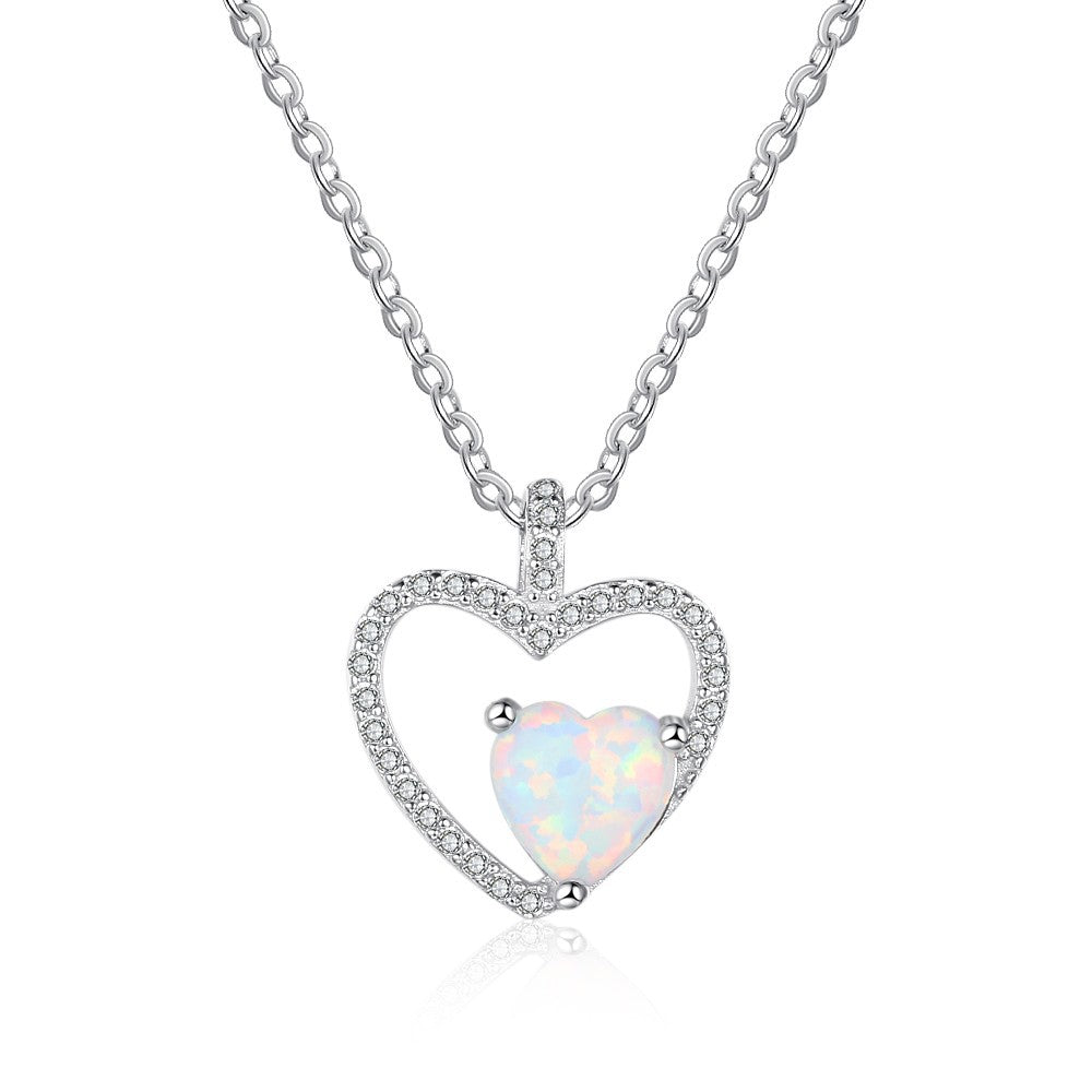 Zircon Hollow Heart Pendant with Heart Shape Opal Sterling Silver Necklace