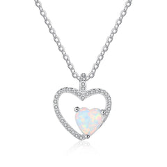 Zircon Hollow Heart Pendant with Heart Shape Opal Sterling Silver Necklace