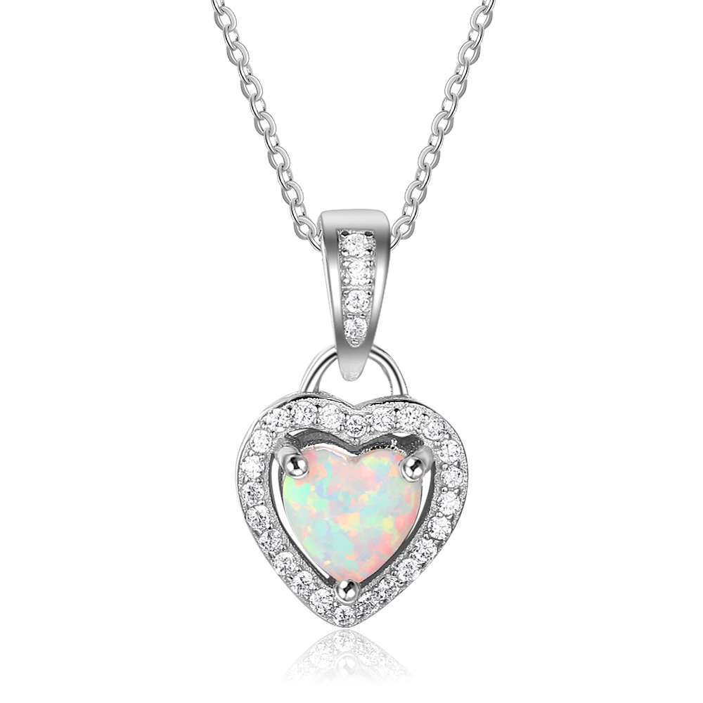 Heart Shape Opal Zircon Soleste Halo Sterling Silver Necklace