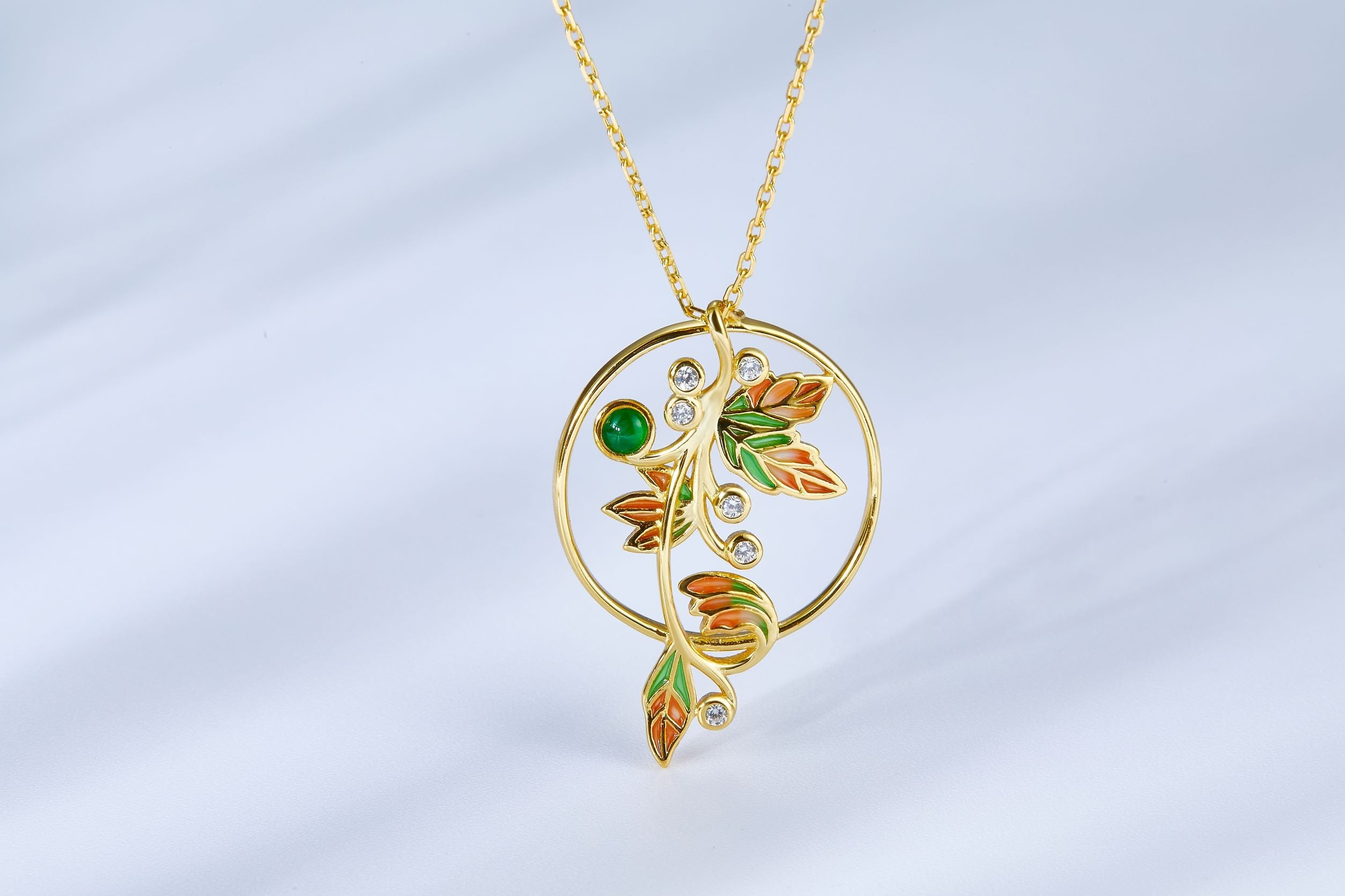 Enamel Golden Leaf with Emerald Necklace