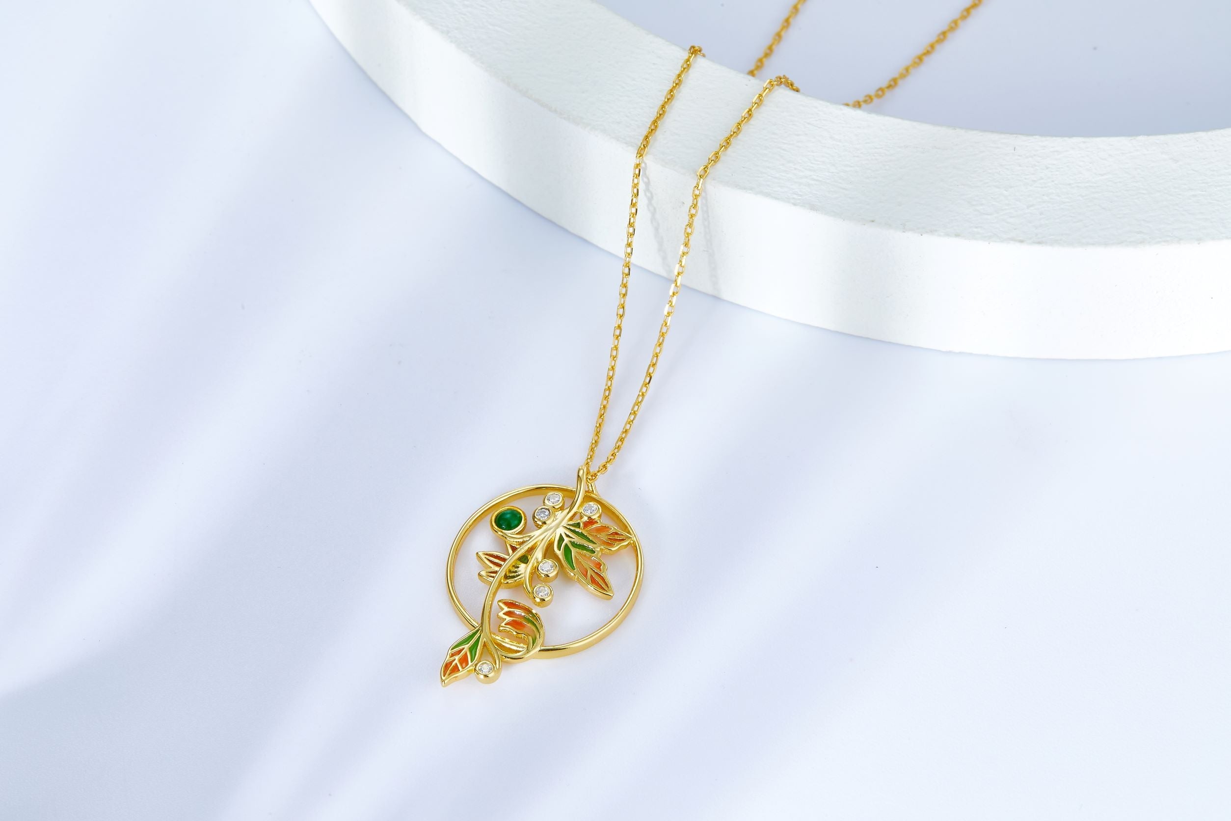 Enamel Golden Leaf with Emerald Necklace