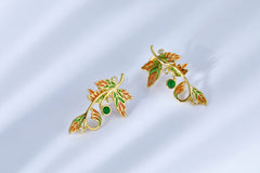 Enamel Golden Leaf with Emerald Stud Earrings