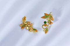 Enamel Golden Leaf with Emerald Stud Earrings