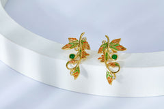 Enamel Golden Leaf with Emerald Stud Earrings