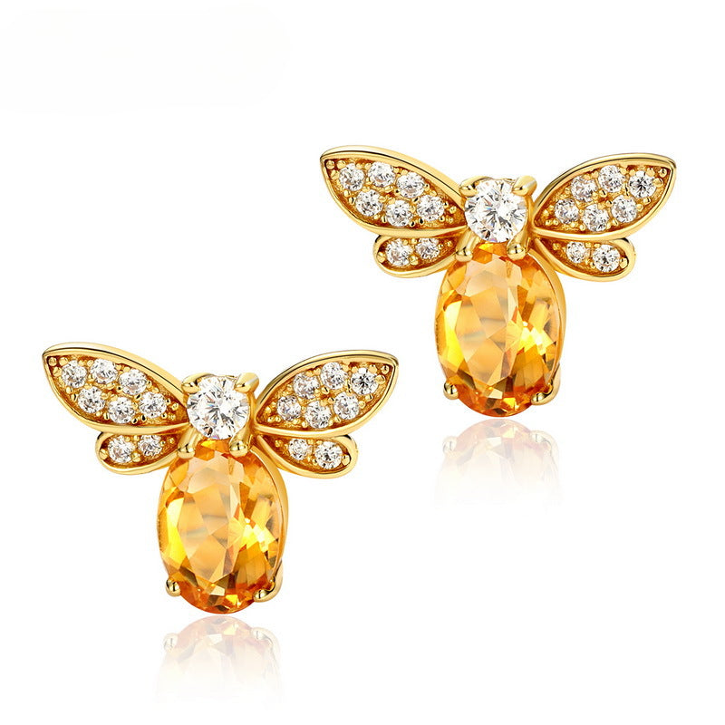 Oval Natural Yellow Crystal Little Bee Sterling Silver Stud Earrings