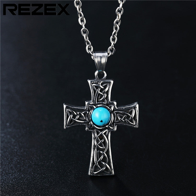 Blue Turquoise Celtic Cross Titanium Steel Pendant for Men