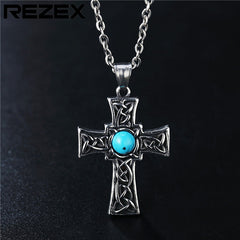 Blue Turquoise Celtic Cross Titanium Steel Pendant for Men