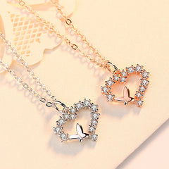 Zircon Heart with Butterfly Pendant Silver Necklace for Women