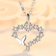 Zircon Heart with Butterfly Pendant Silver Necklace for Women