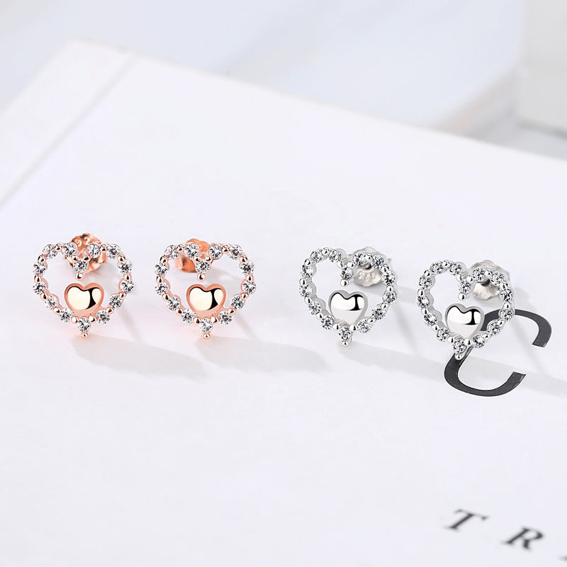 Zircon Heart with Love Silver Studs Earrings for Women