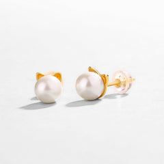 Natural Freshwater Pearl Small Meow Cat Sterling Silver Stud Earrings