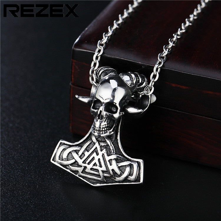 Halloween Sheep Horn Skull Titanium Steel Necklace for Men