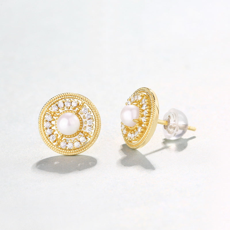 Zircon Disc Round Natural Freshwater Pearl Golden Sterling Silver Stud Earrings