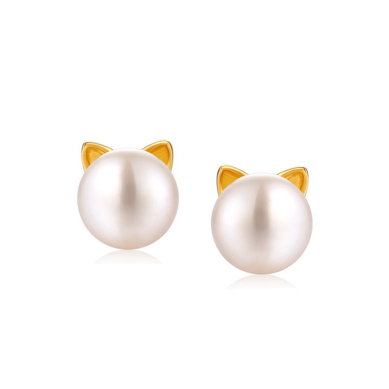 Natural Freshwater Pearl Small Meow Cat Sterling Silver Stud Earrings