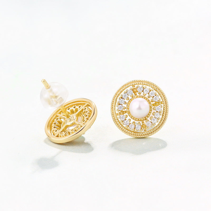 Zircon Disc Round Natural Freshwater Pearl Golden Sterling Silver Stud Earrings