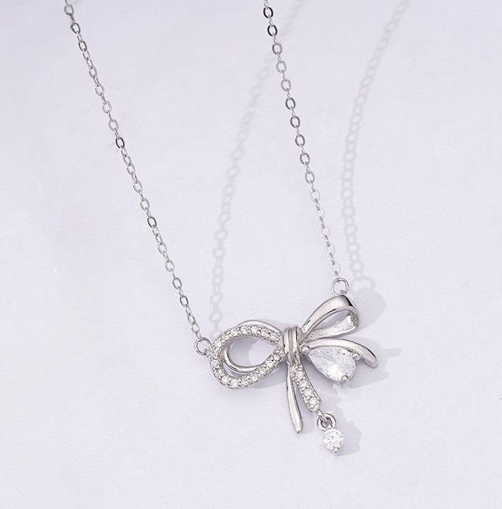 Bowknot Pendant Water Drop Zircon Silver Necklace