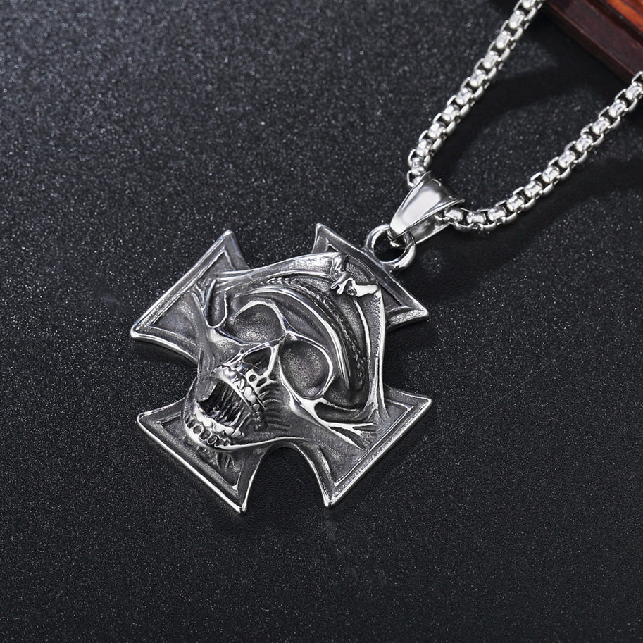 Halloween Police Skull Cross Titanium Steel Necklace for Men