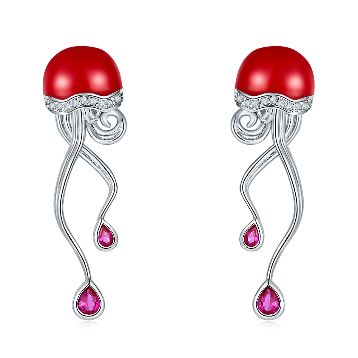 Red Jellyfish Enamel Silver Earrings for Women