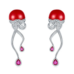 Red Jellyfish Enamel Silver Earrings for Women