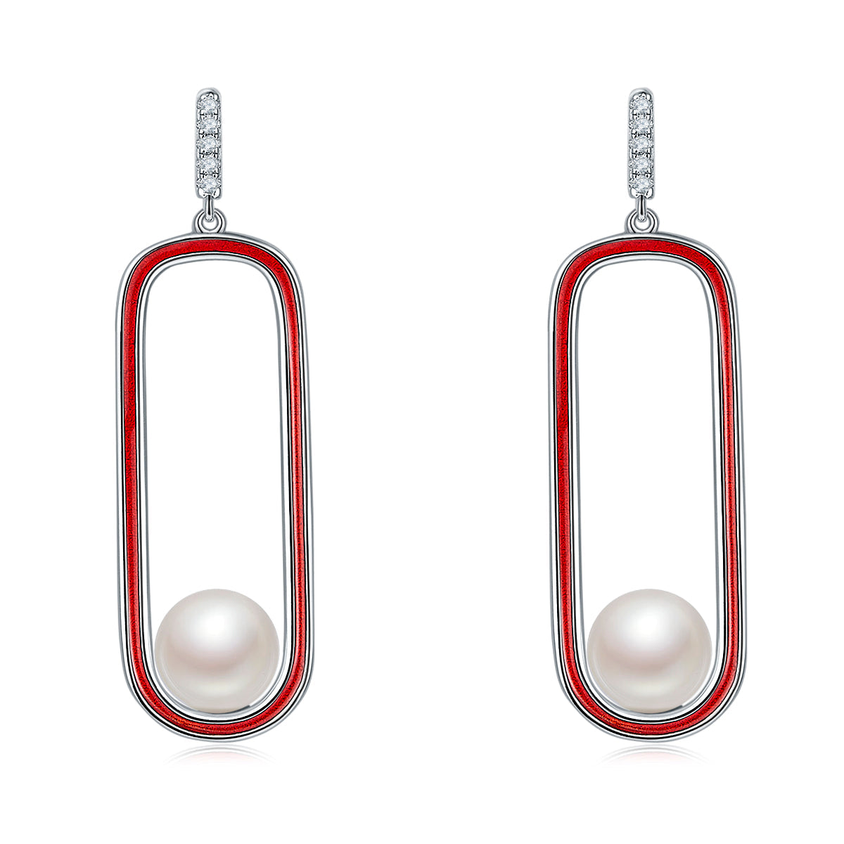 Round Pearl Red Enamel Oval Drop Earrings