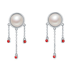 Round Pearl Enamel Tassels Drop Earrings