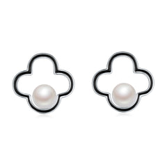 Black Enamel Clover with Pearl Stud Earrings