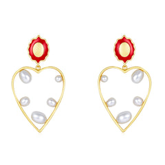 Hollow Heart Shape Pearl Enamel Drop Earrings