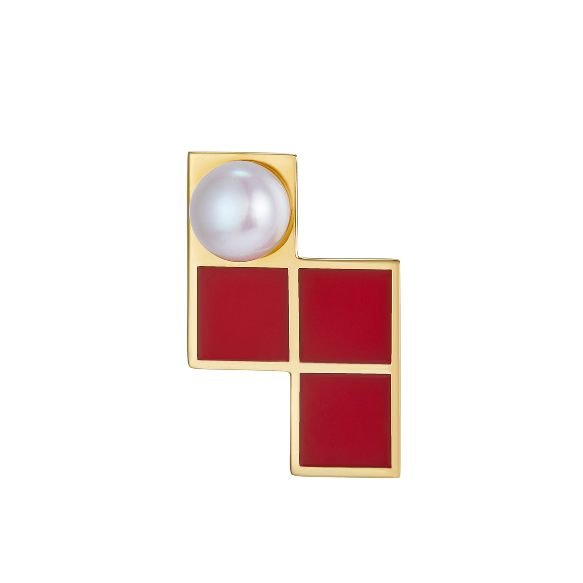 Tetris Red Enamel Pearl Stud Earrings