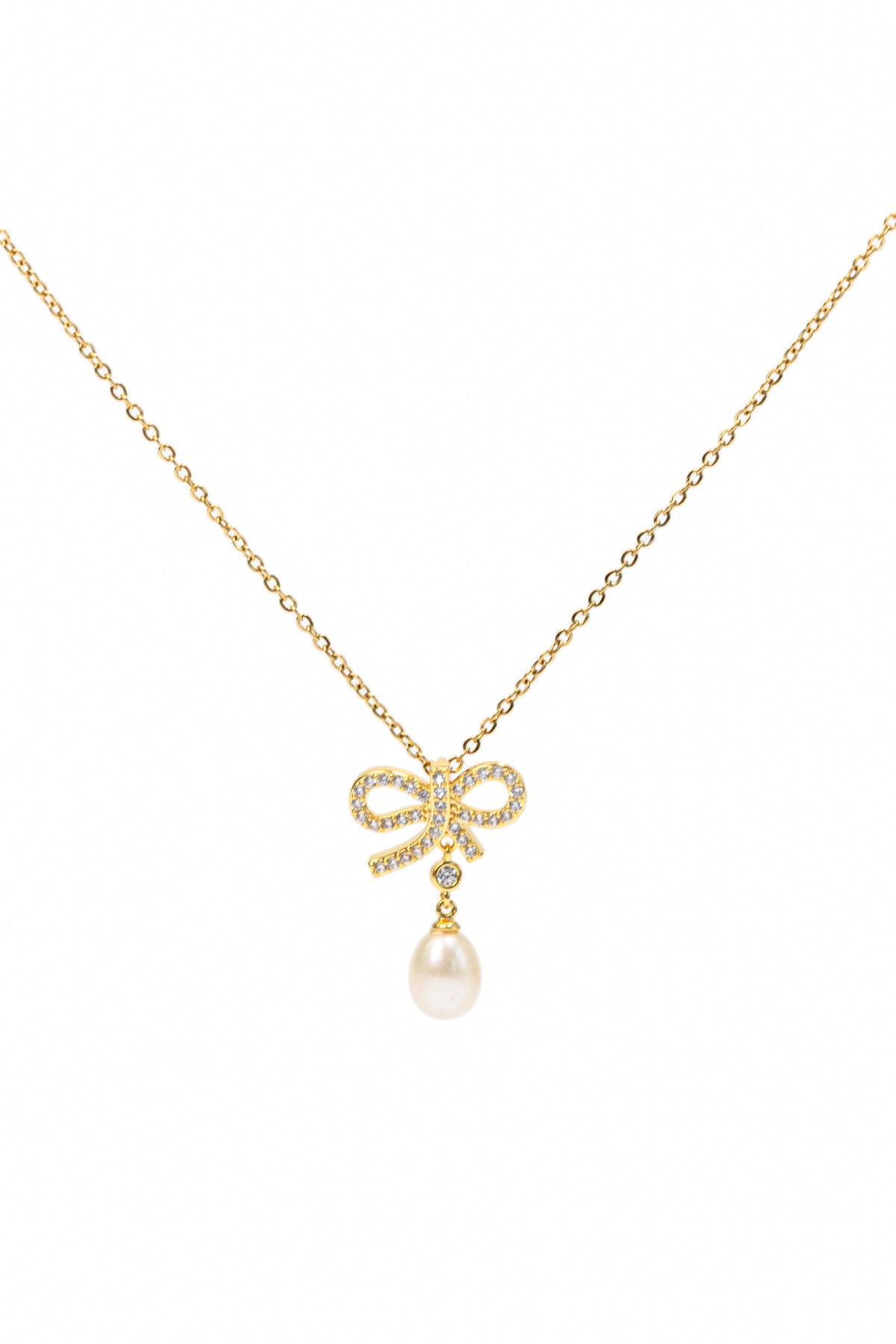 18K Gold Bow Necklace with Freshwater Pearl