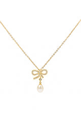 18K Gold Bow Necklace with Freshwater Pearl