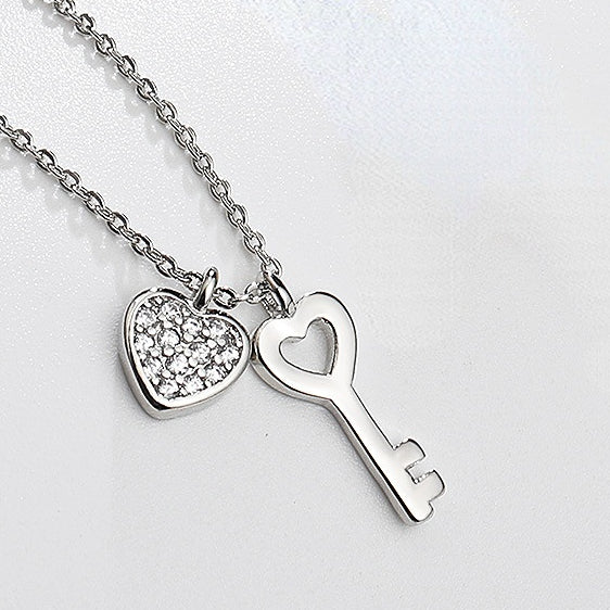 Zircon Heart with Key Silver Necklace for Women