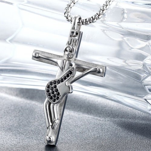 Rock Guitarist Crucifix Zircon Titanium Steel Necklace for Men