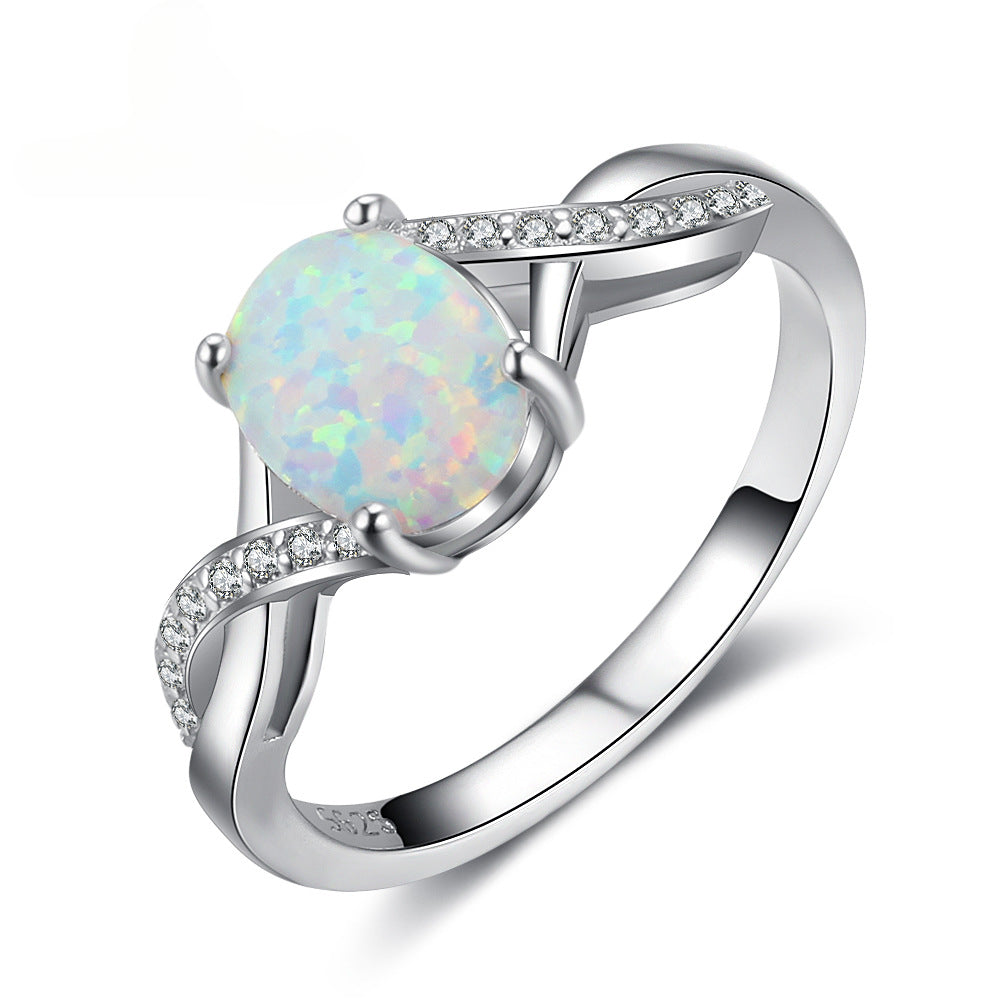 Oval Opal Interwoven Split Shank Zircon Sterling Silver Ring