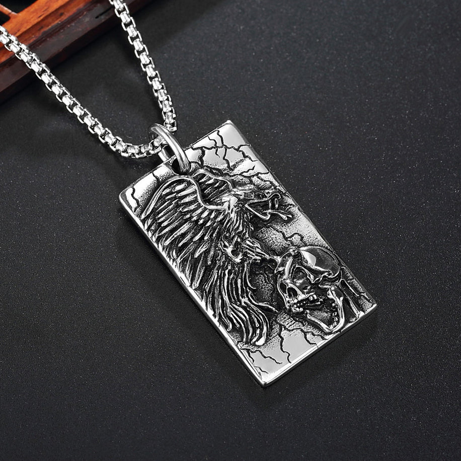 Halloween Eagle Skull Rectangle Titanium Steel Necklace for Men