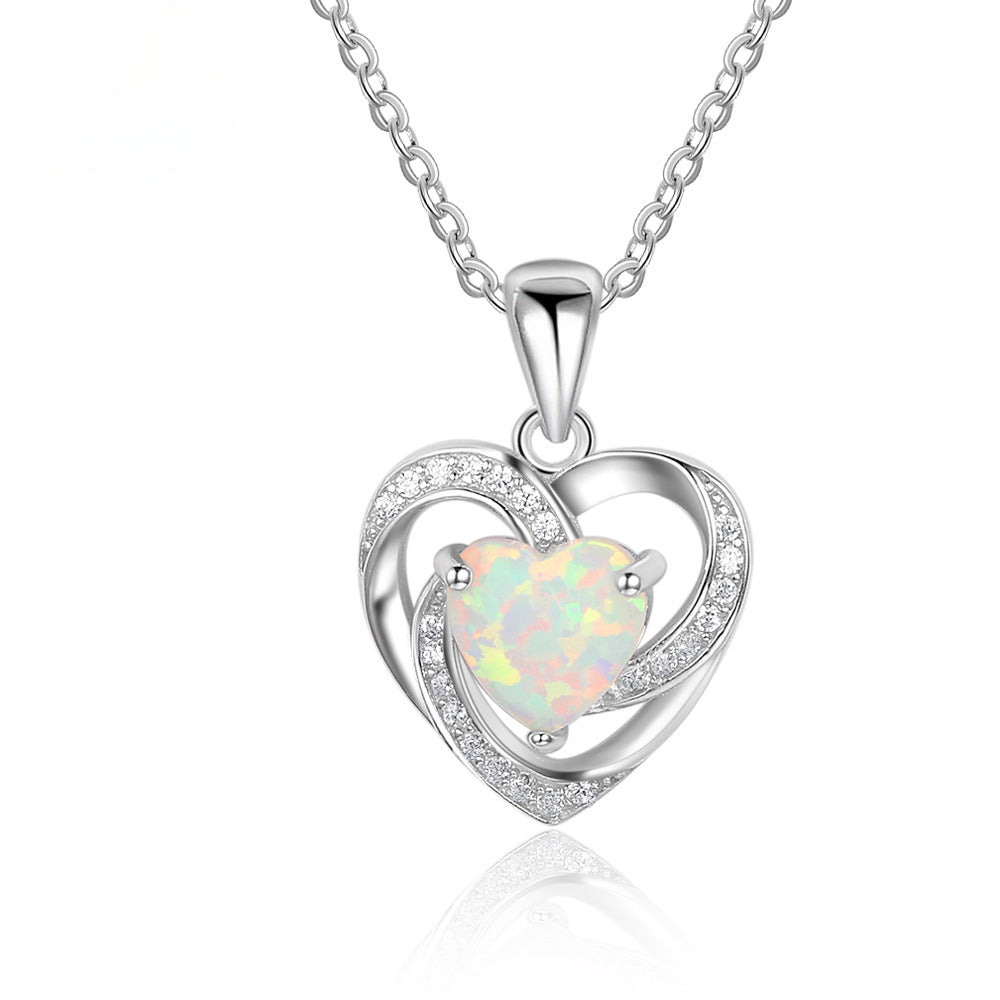 Heart Shape Opal Spiral Heart Zircon Sterling Silver Necklace