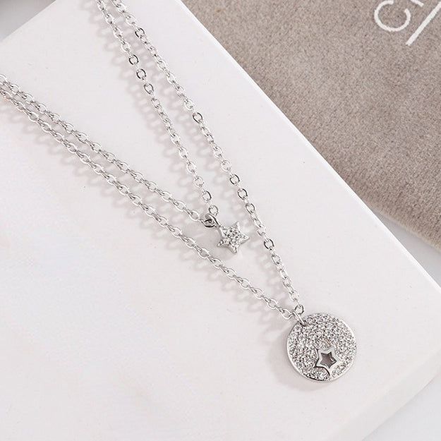 Full Zircon Star Circle Pendant Double-layer Silver Necklace for Women