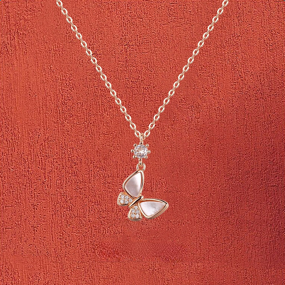 Mother of Pearl with Zircon Butterfly Silver Necklace for Women