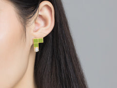 Tetris Green Enamel Pearl Stud Earrings