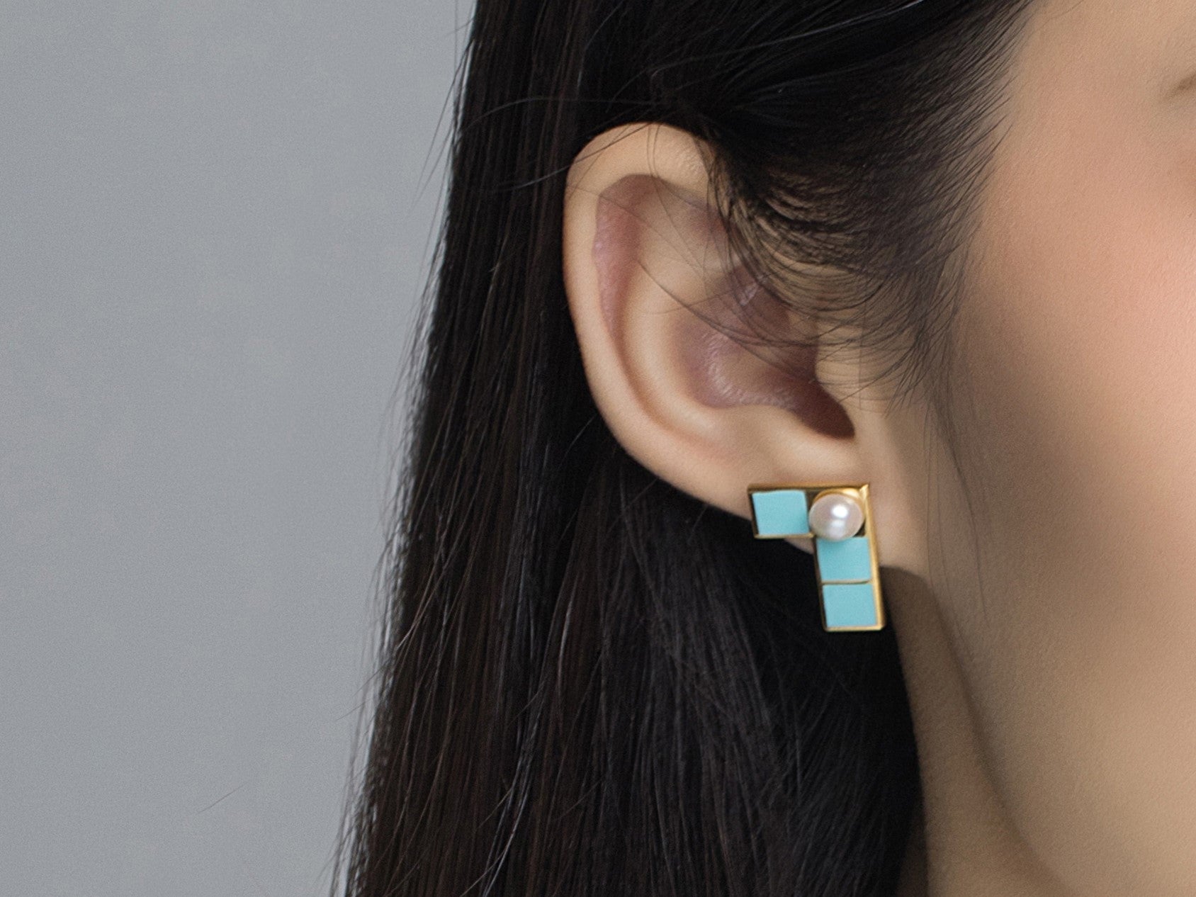 Tetris Light Blue Enamel Pearl Stud Earring